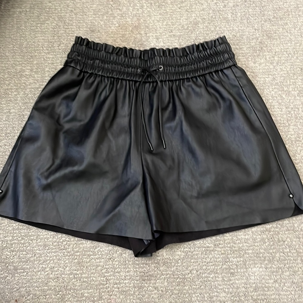 Zara Black Vegan Leather Elastic Waist Shorts NWOT